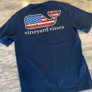 Vineyard vines boys t-shirt with American flag whale on front and back. VGUC